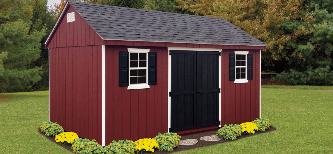 Red shed with black doors and windows